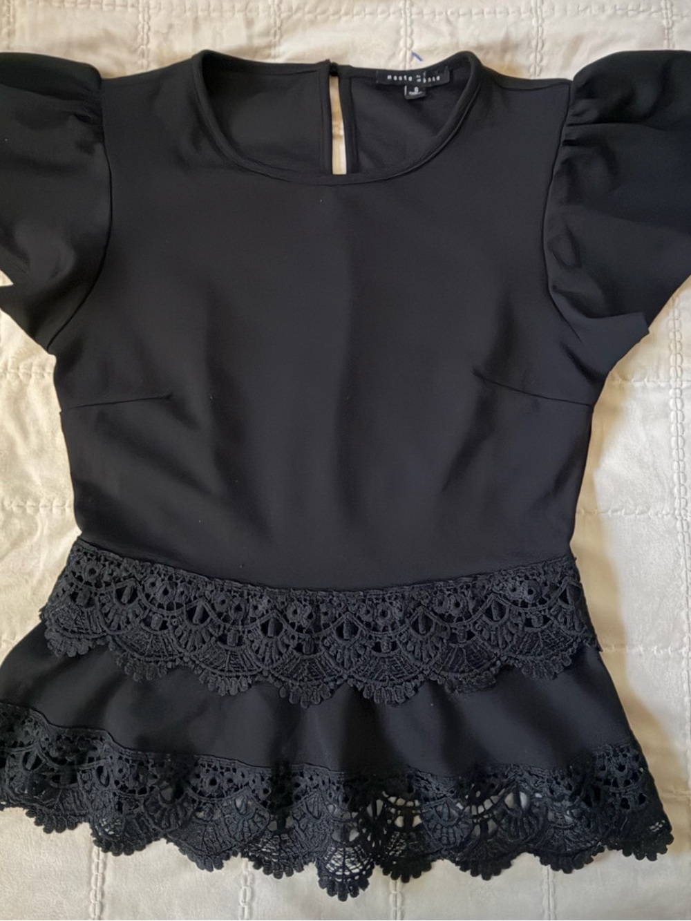 Haute Monde Black Lace Peplum Top Flutter Sleeve Small